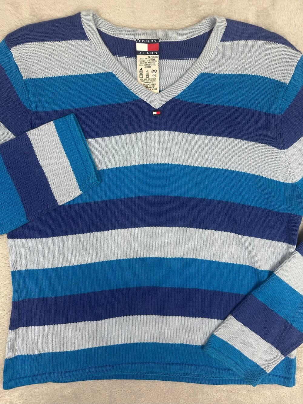 Vintage Y2K Tommy Jeans Blue Stripe Ribbed V-Neck Sweater Women's XL Preppy